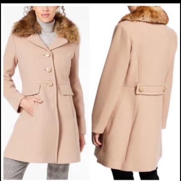 Kate Spade Wool A-Line Peacoat faux-fur collar Tan